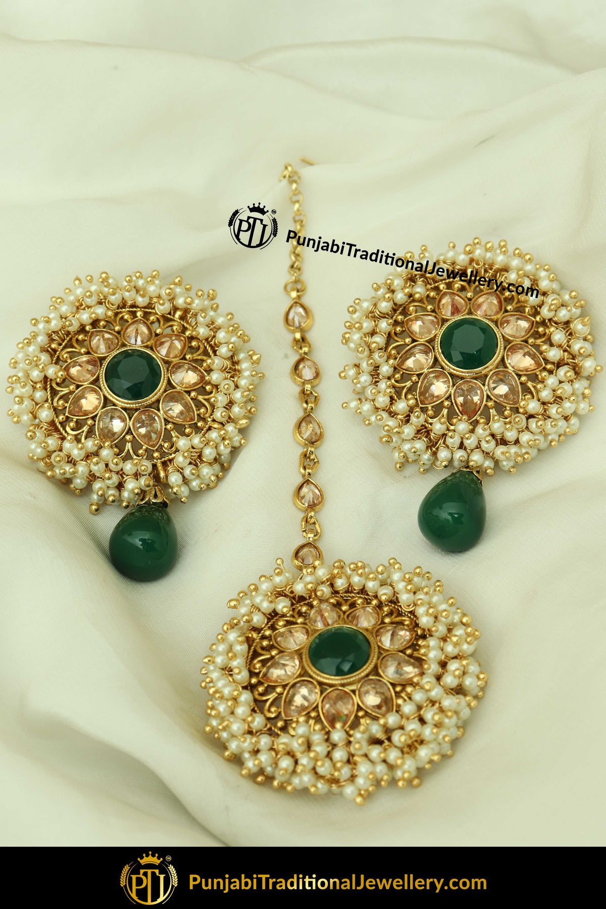 Khalilah Gold Finished Pearl Green Stud Earring Tikka Set | Punjabi Traditional Jewellery Exclusive