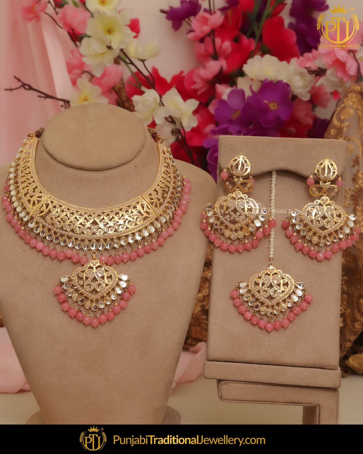 Gold Finished Pink Kundan Pearl Necklace Set | Punjabi Traditional Jewellery Exclusive