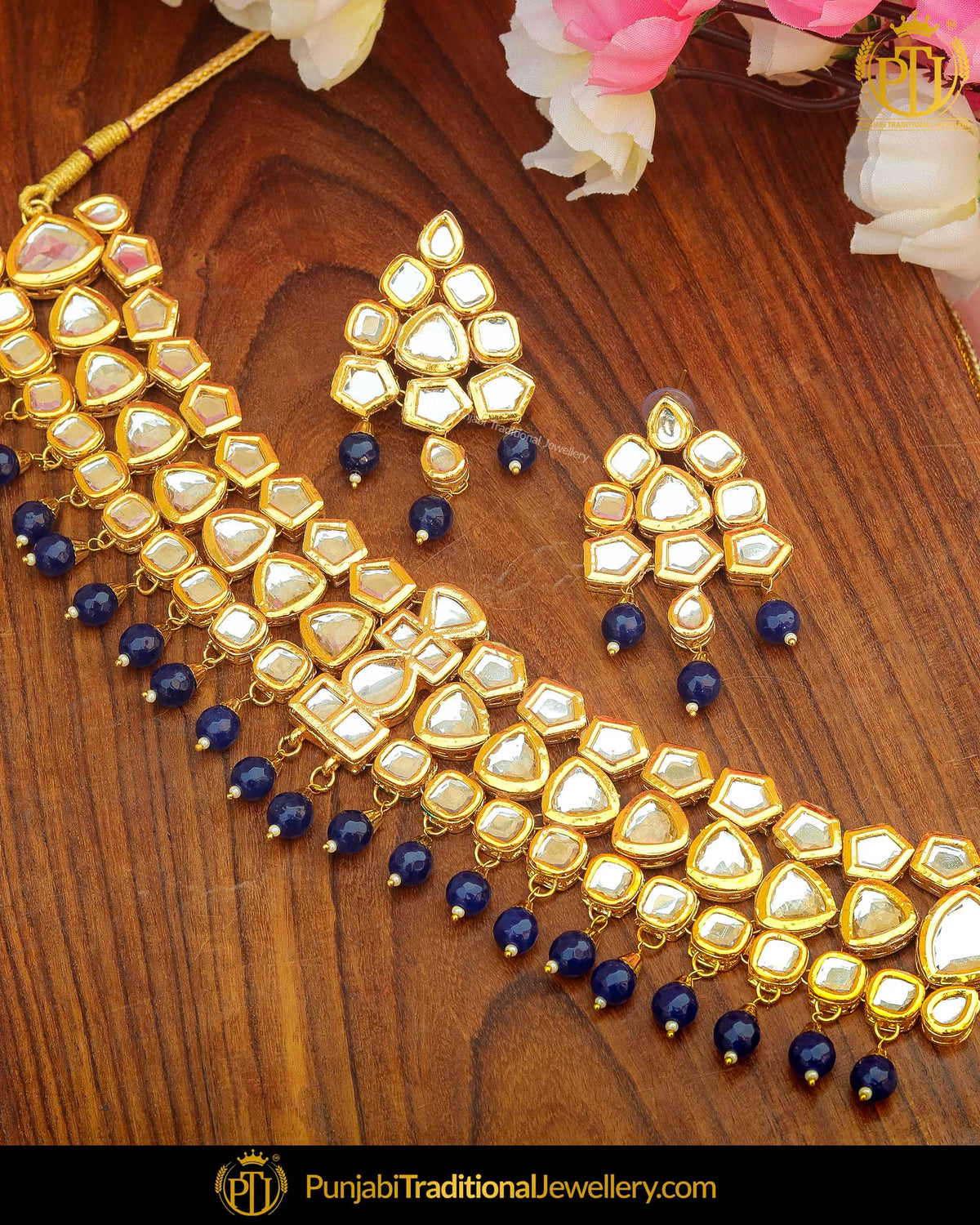 Gold Finished Blue Kundan & Pearl Choker Necklace Set | Punjabi Traditional Jewellery Exclusive