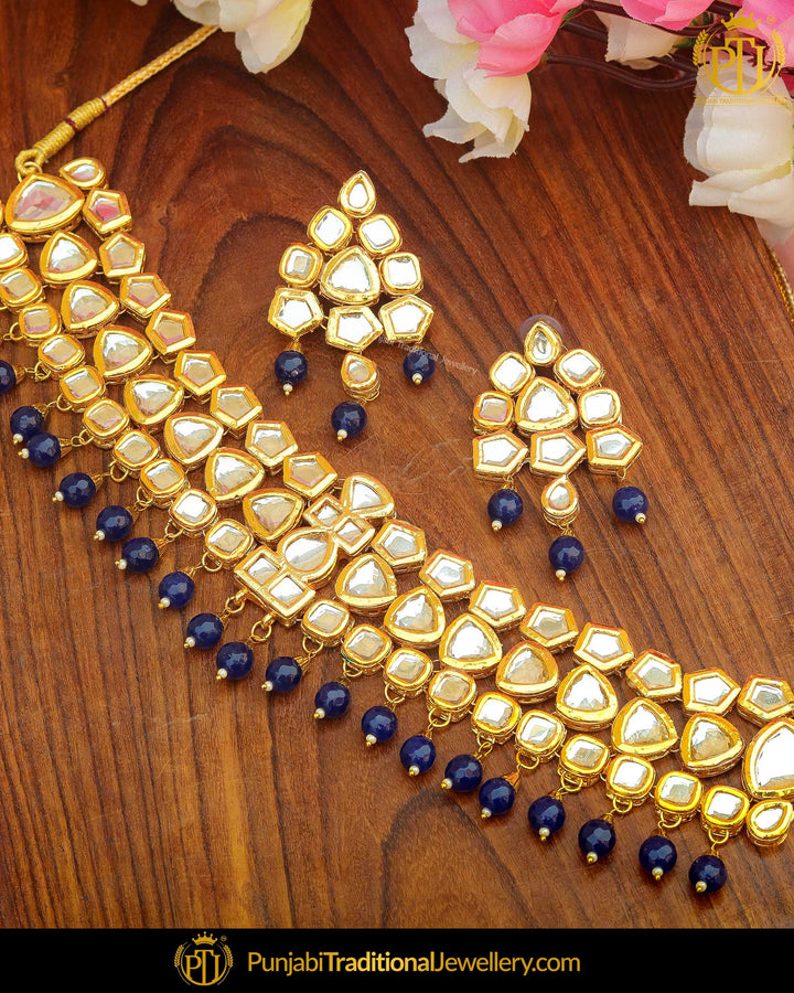 Gold Finished Blue Kundan & Pearl Choker Necklace Set | Punjabi Traditional Jewellery Exclusive