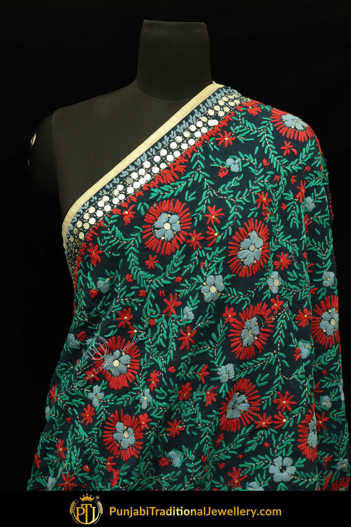 Red & Green Color Pure Phulkari Dupatta By Punjabi Traditional Jewellery
