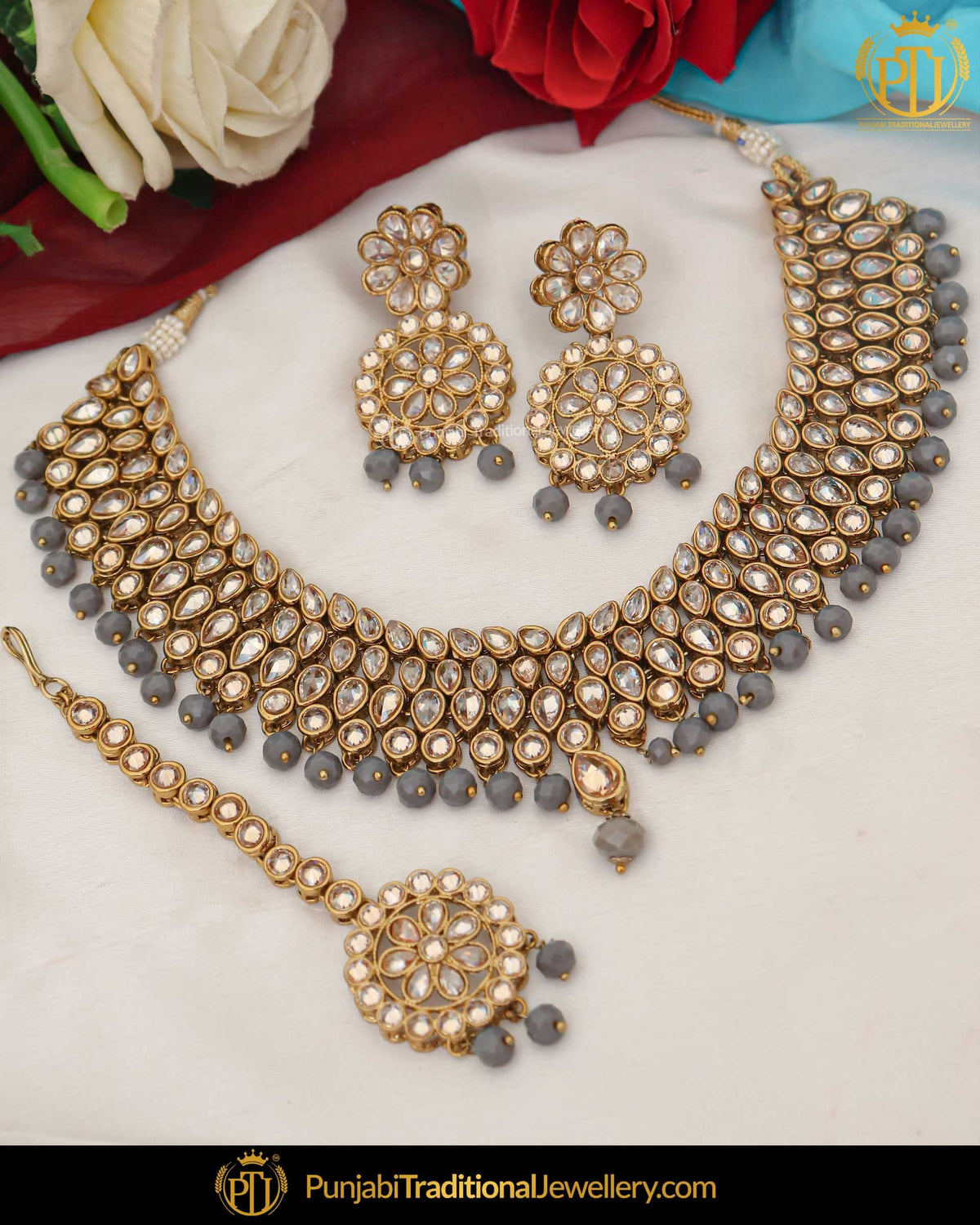 Gold Finished Champagne Stone Purple  Pearl Necklace Set | Punjabi Traditional Jewellery Exclusive