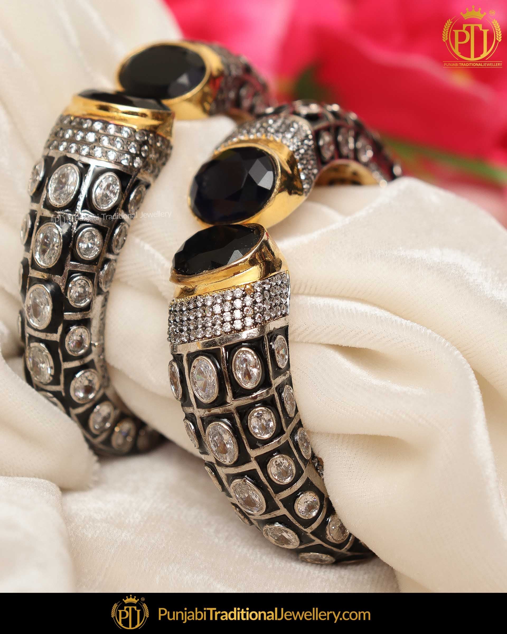 Hand Painted Black Menna Polki Karra Bangles (Pair)| Punjabi Traditional Jewellery Exclusive