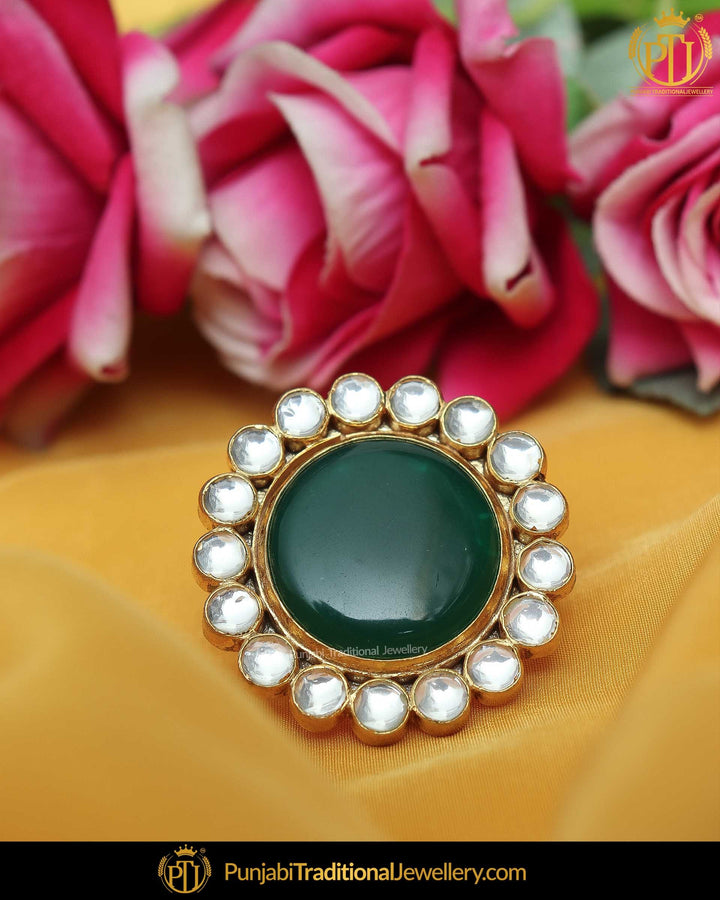 Gold Finished Emerald Kundan Ring | Punjabi Traditional Jewellery Exclusive