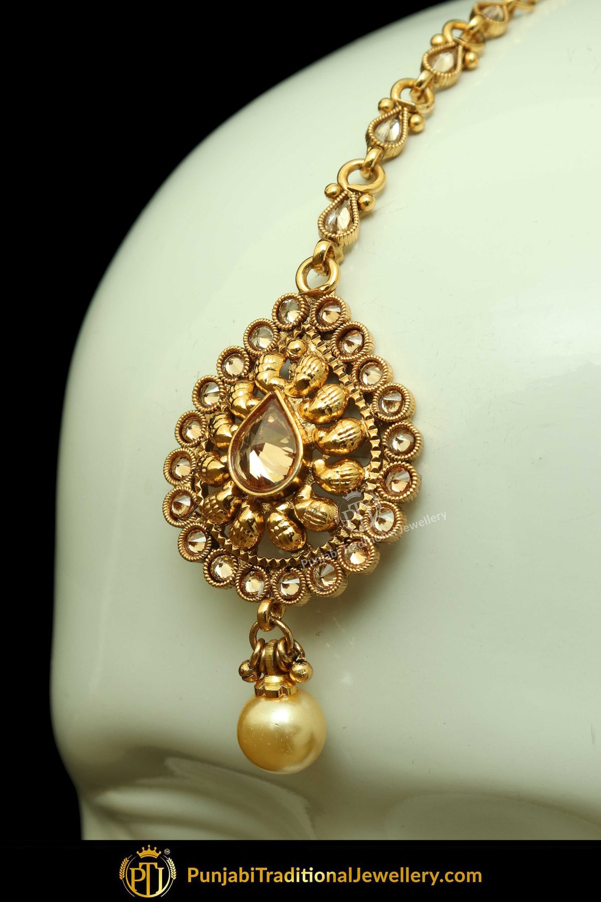 Antique Gold Finised Champagne Stone Earring Tikka Set By Punjabi Traditional Jewellery