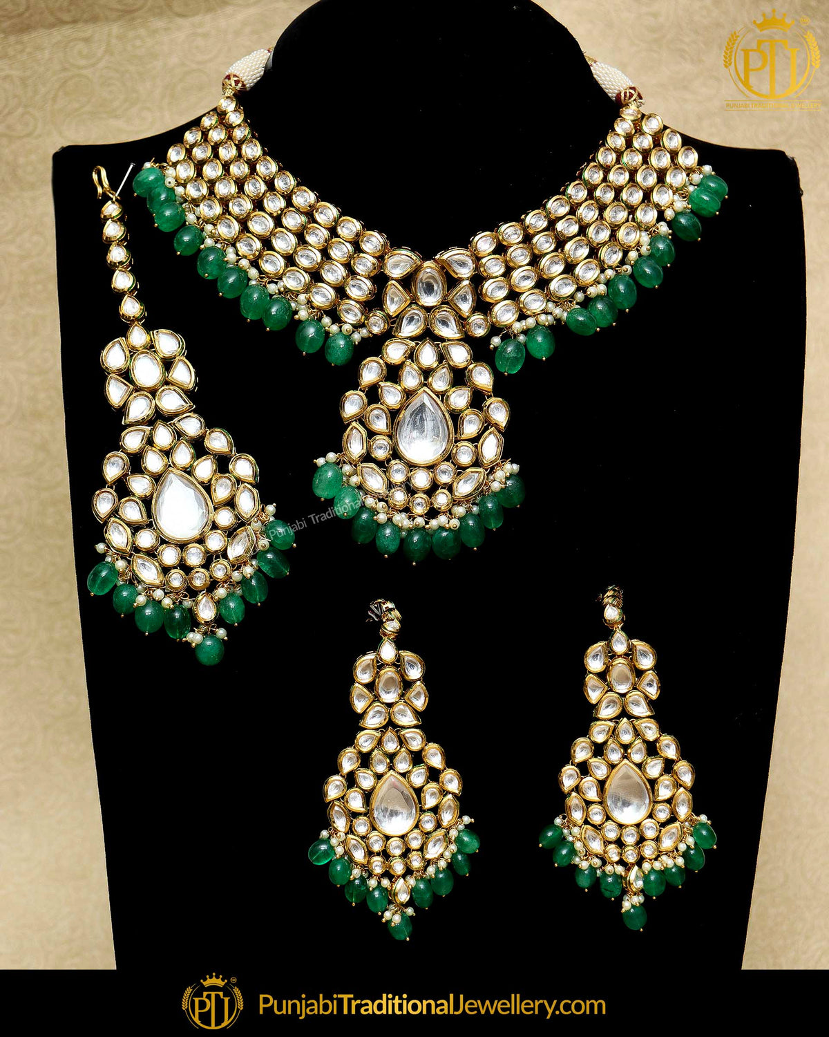 Green Kundan Necklace Set By Punjabi Traditional Jewellery