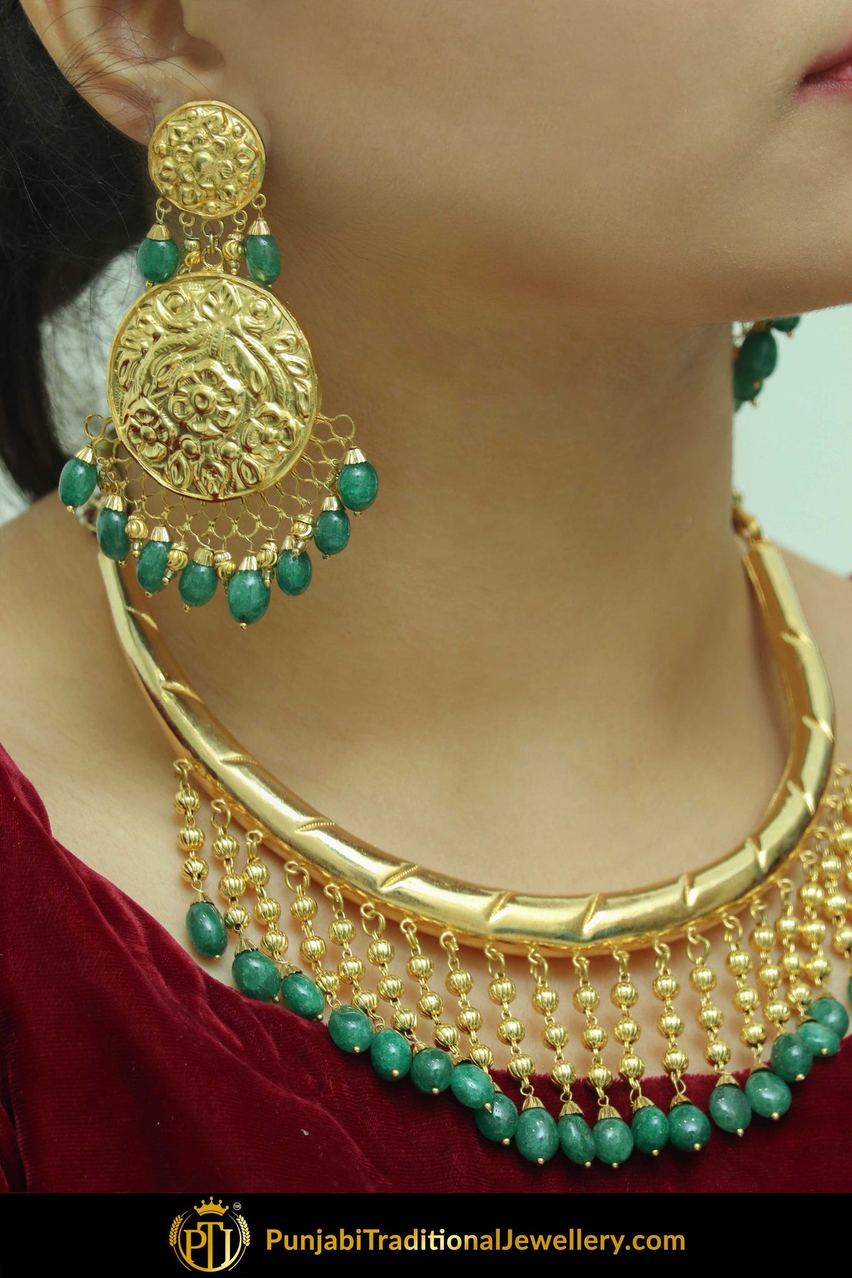 Hayah Gold Finished Emerald Hasli Necklace & Earrings | Punjabi Traditional Jewellery Exclusive