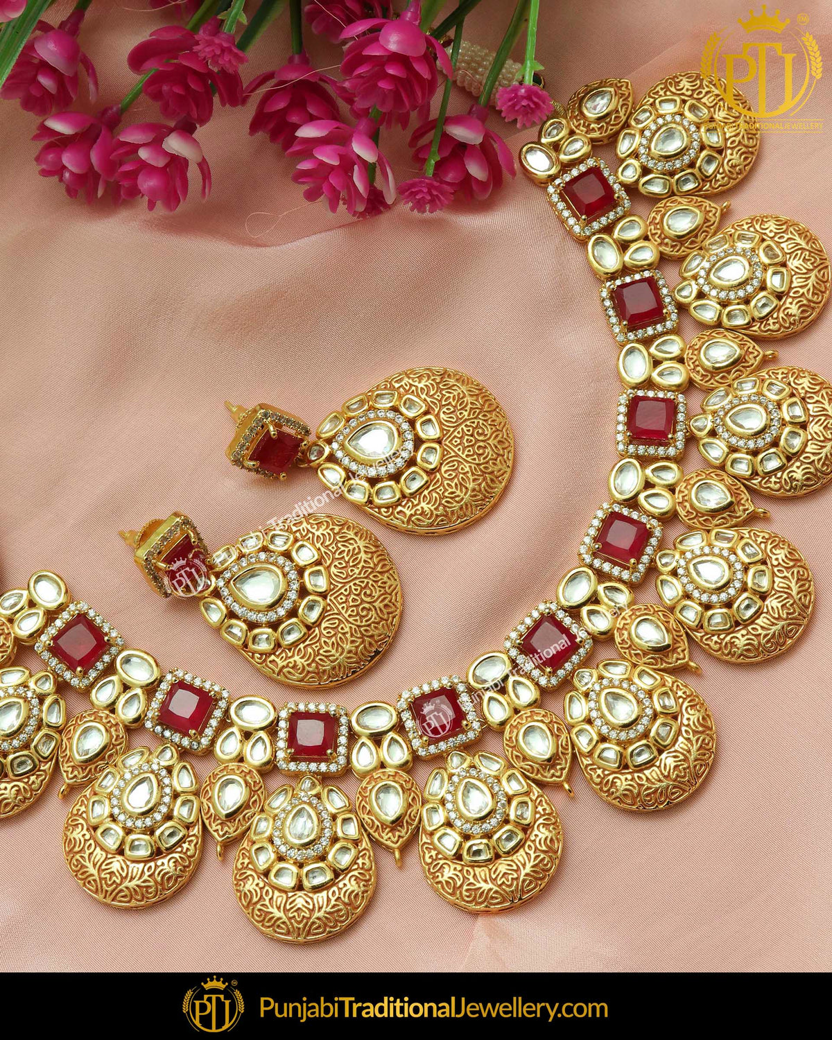 Red Kundan Antique Matt Gold Necklace Set | Punjabi Traditional Jewellery Exclusive