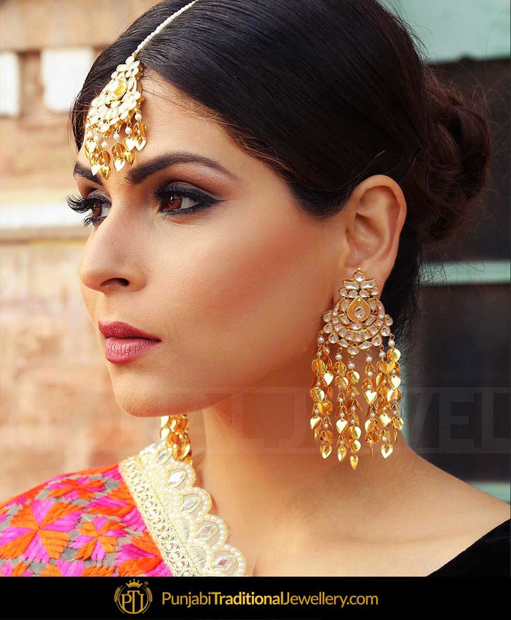 Gold Plated Pippal Patti Stud Earrings Tikka Set | Punjabi Traditional Jewellery Exclusive