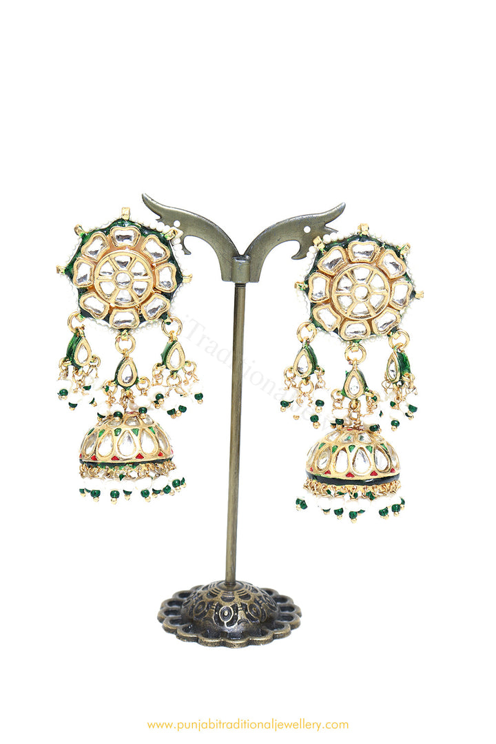 Gold Finished Semi Precious Kundan Jhumki Earrings by PTJ