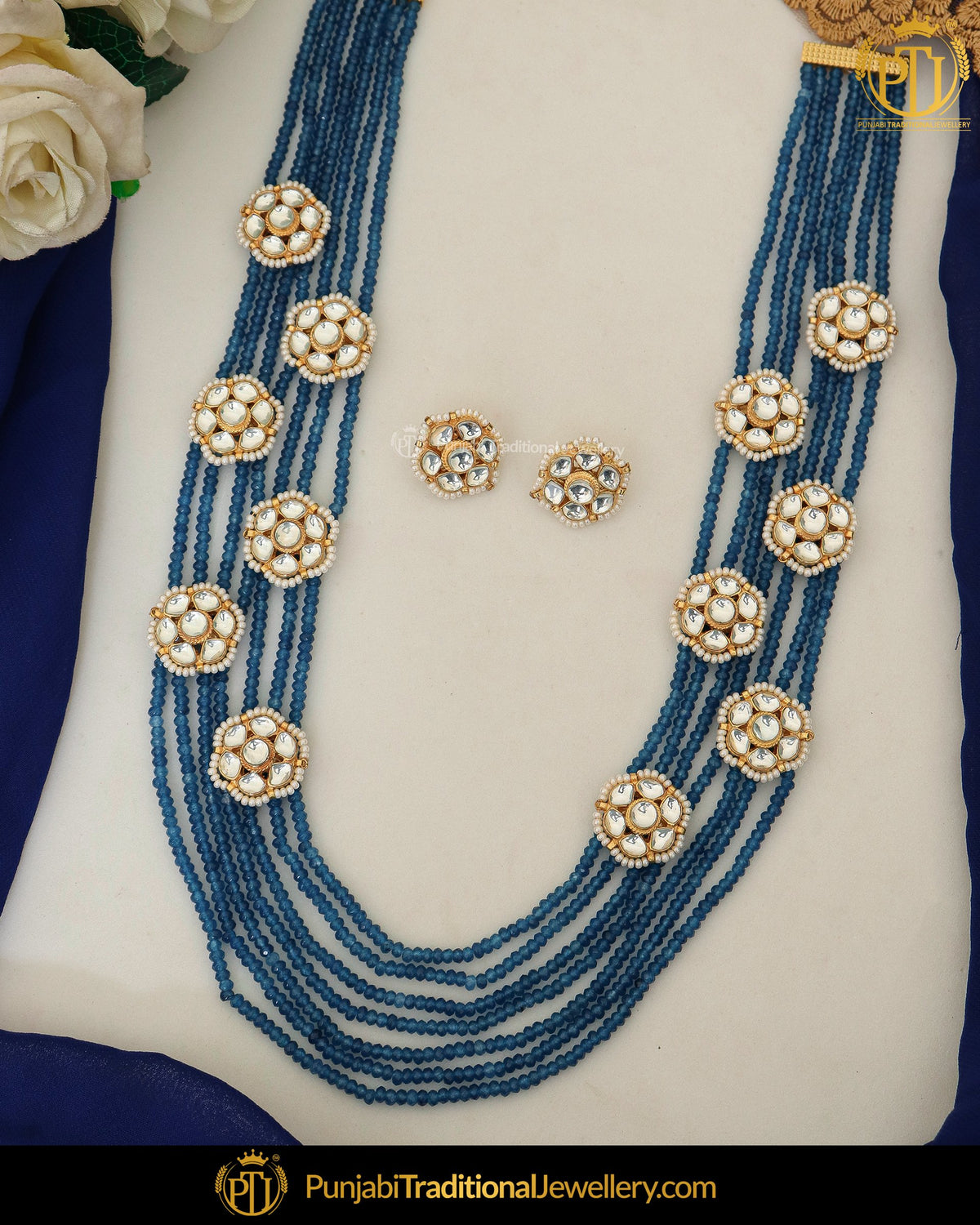 Kundan Pearl Blue Long Mala Necklace Set | Punjabi Traditional Jewellery Exclusive