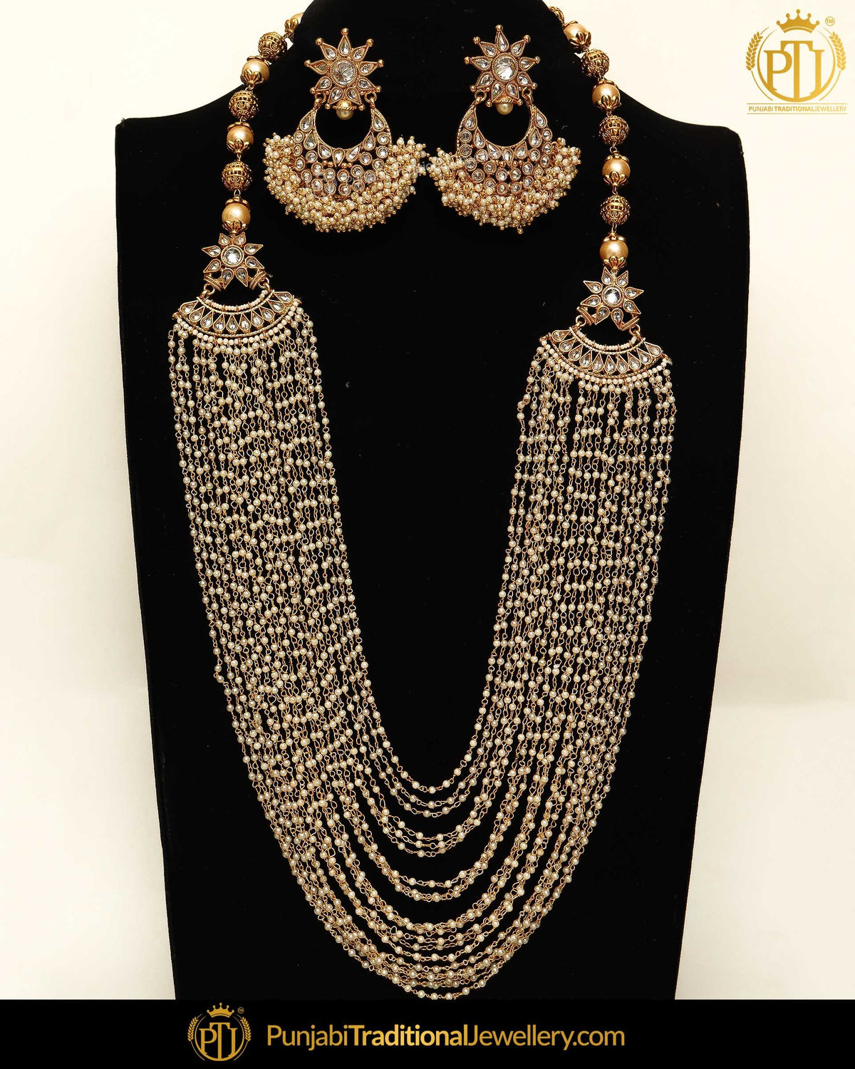 Gold Finished Chamapgne Stone Pearl Long Necklace Set | Punjabi Traditional Jewellery Exclusive