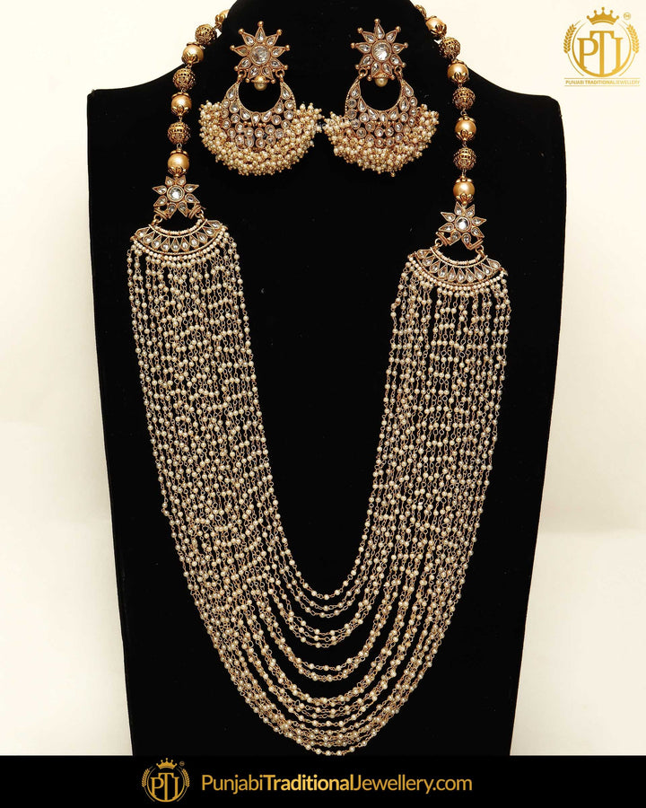 Gold Finished Chamapgne Stone Pearl Long Necklace Set | Punjabi Traditional Jewellery Exclusive