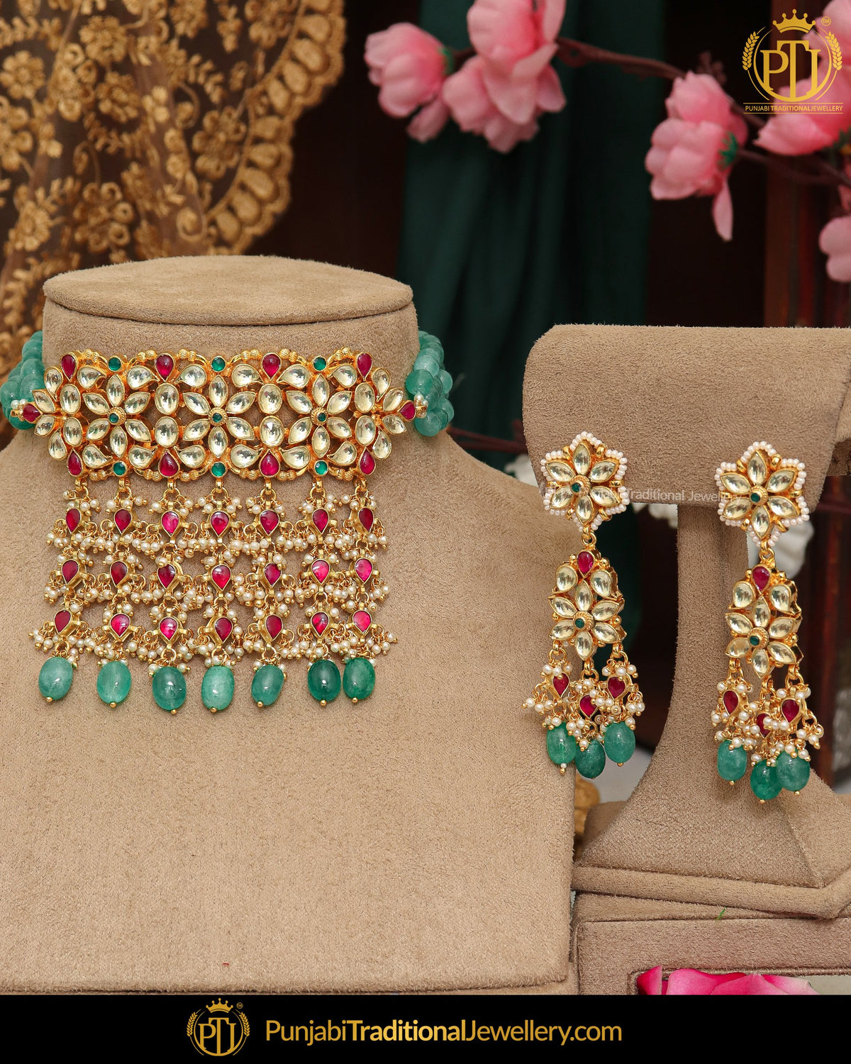 Gold Finished Kundan Pearl Green Rubby Choker Necklace Set | Punjabi Traditional Jewellery Exclusive
