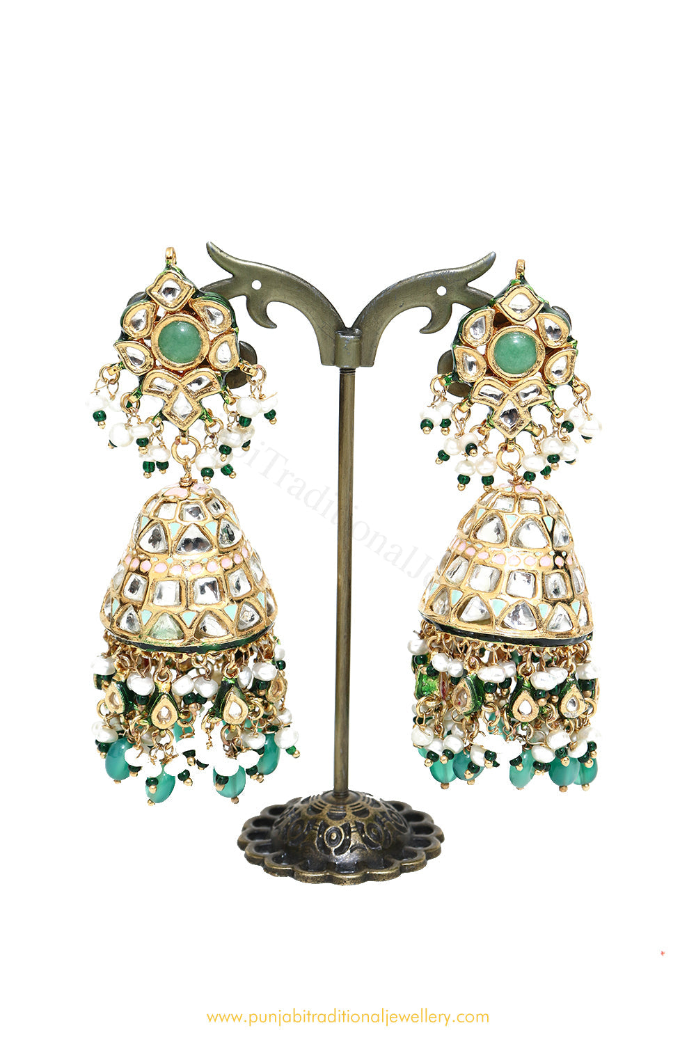 Gold Finished Semi Precious Mint Kundan Jhumki Earrings by PTJ