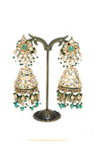 Gold Finished Semi Precious Mint Kundan Jhumki Earrings by PTJ