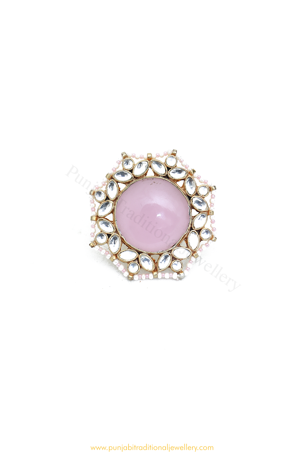 Gold Finished Pink Kundan Ring By PTJ