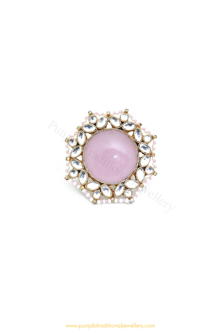 Gold Finished Pink Kundan Ring By PTJ