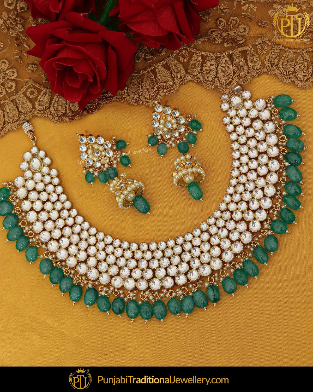 Gold Finished Kundan Pearl Emerald Necklace Set | Punjabi Traditional Jewellery Exclusive