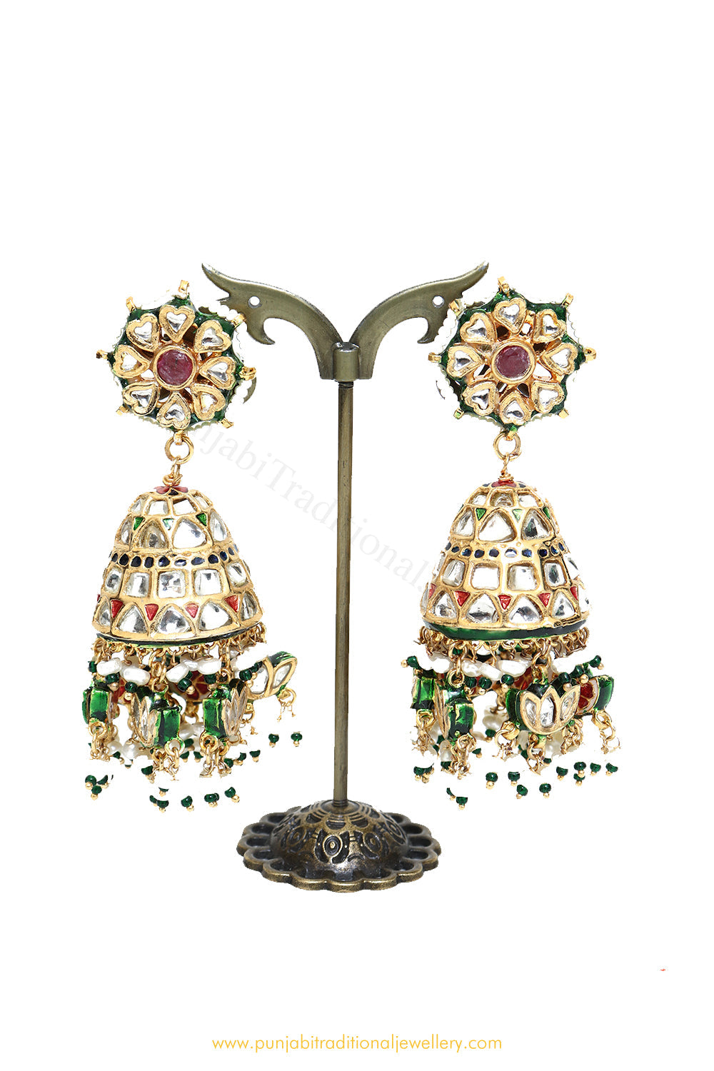 Gold Finished Semi Precious Kundan Jhumki Earrings by PTJ