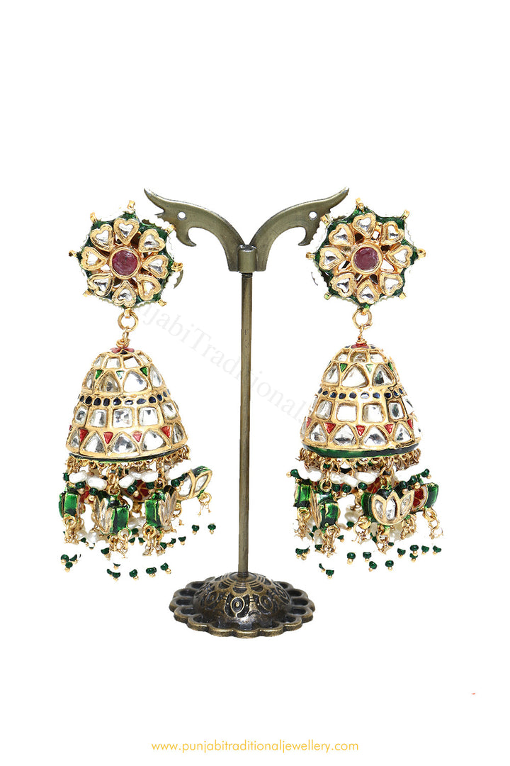 Gold Finished Semi Precious Kundan Jhumki Earrings by PTJ