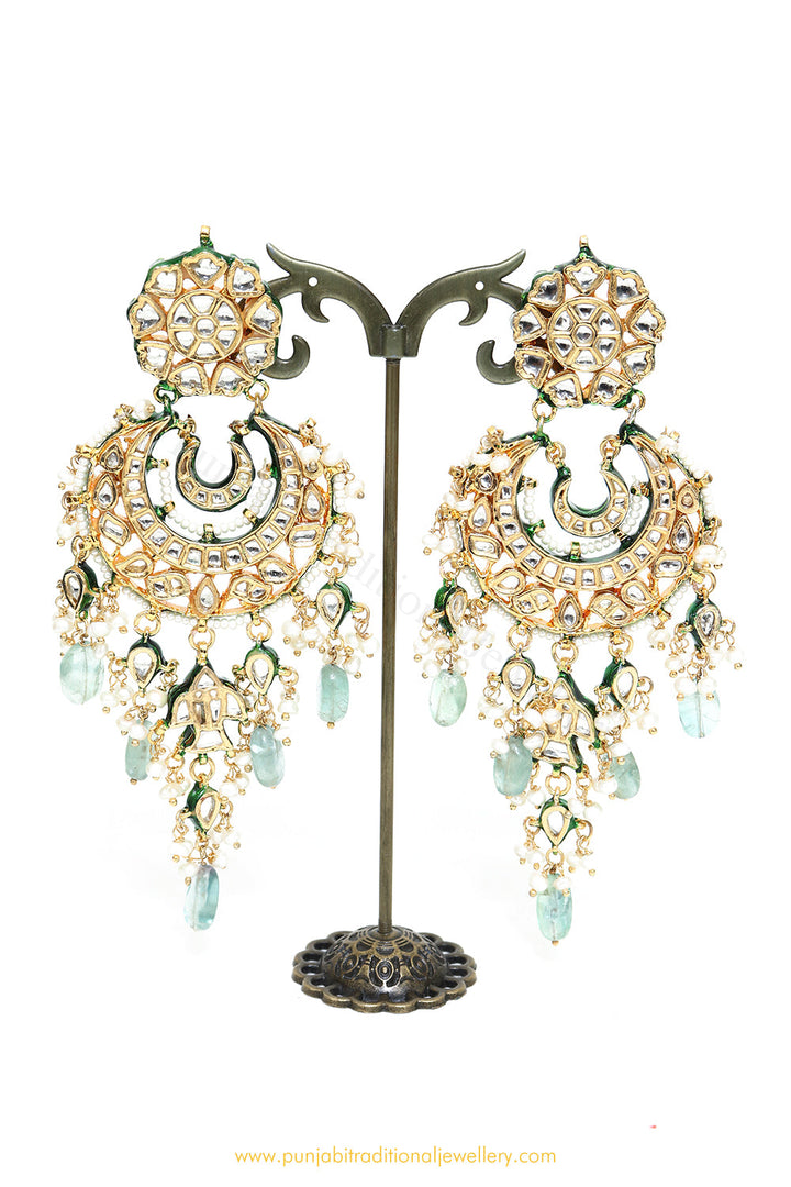 Gold Finished Semi Precious Mint Kundan Earrings by PTJ