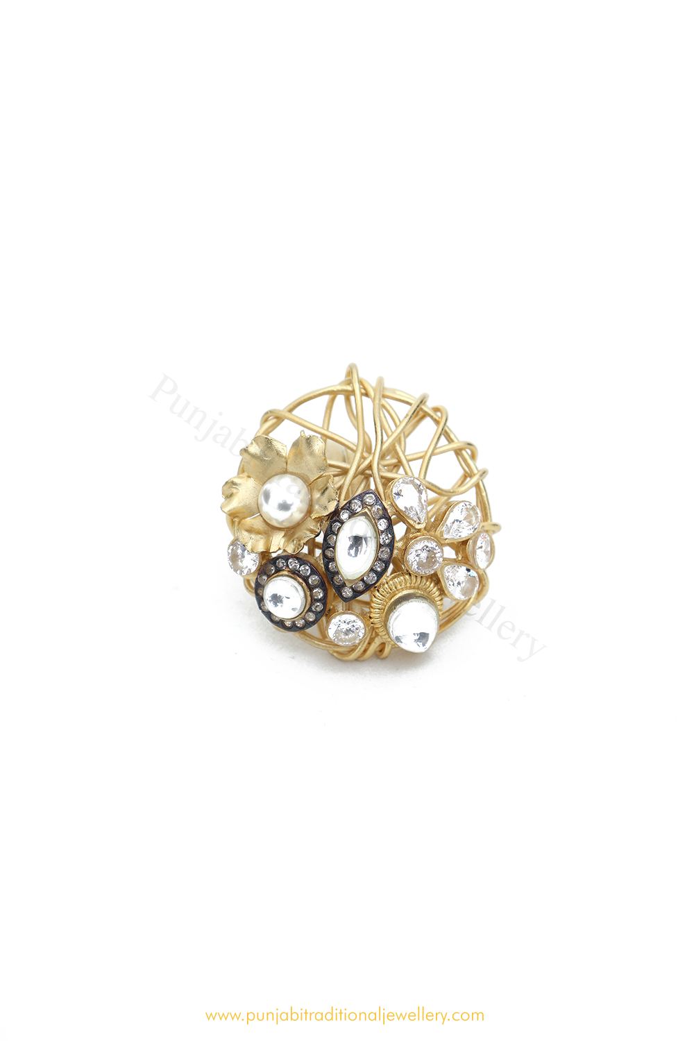 Gold Finished Navratan Kundan Ring By PTJ
