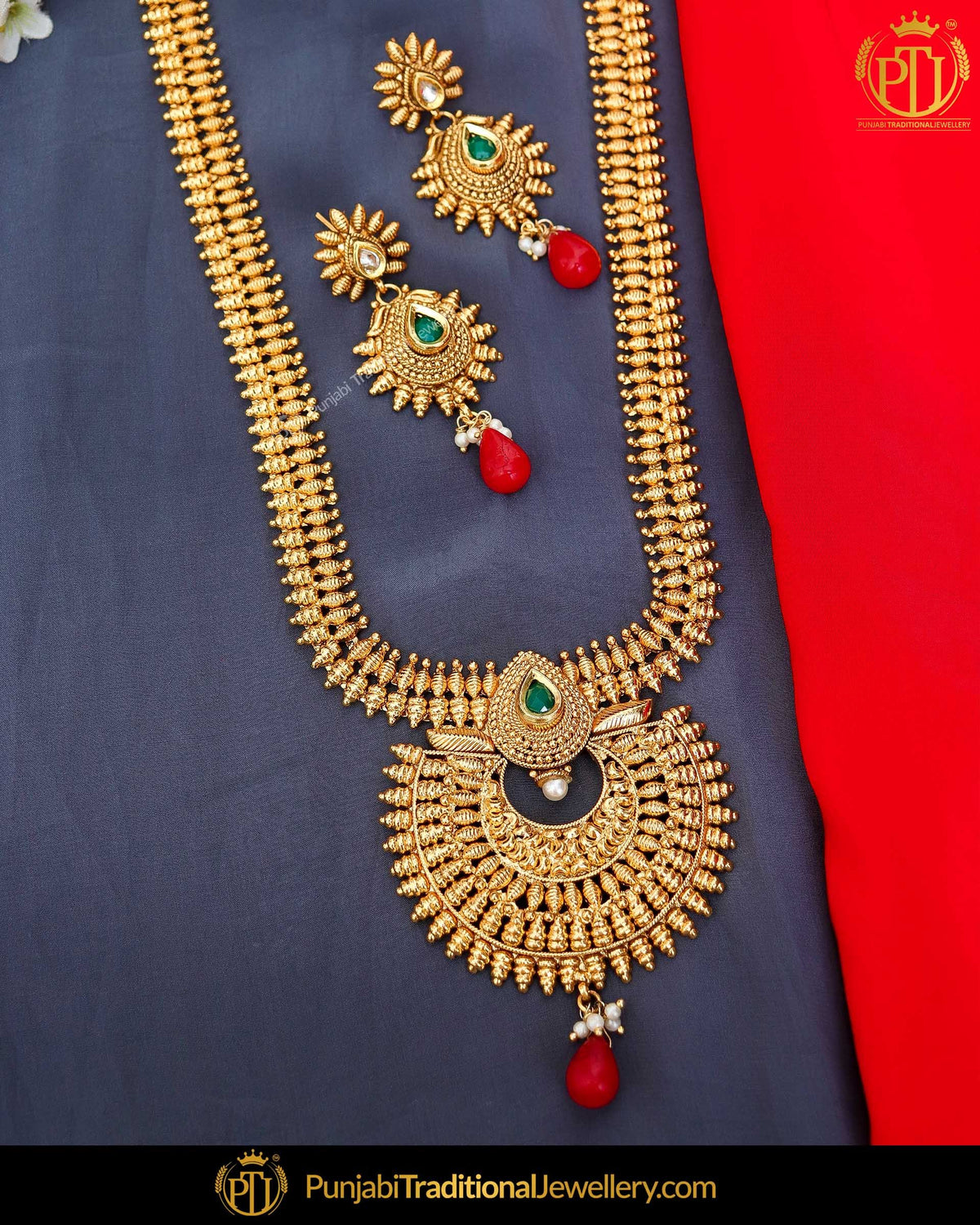 Antique Gold Finished Emerald Rubby Johda long Set | Punjabi Traditional Jewellery Exclusive