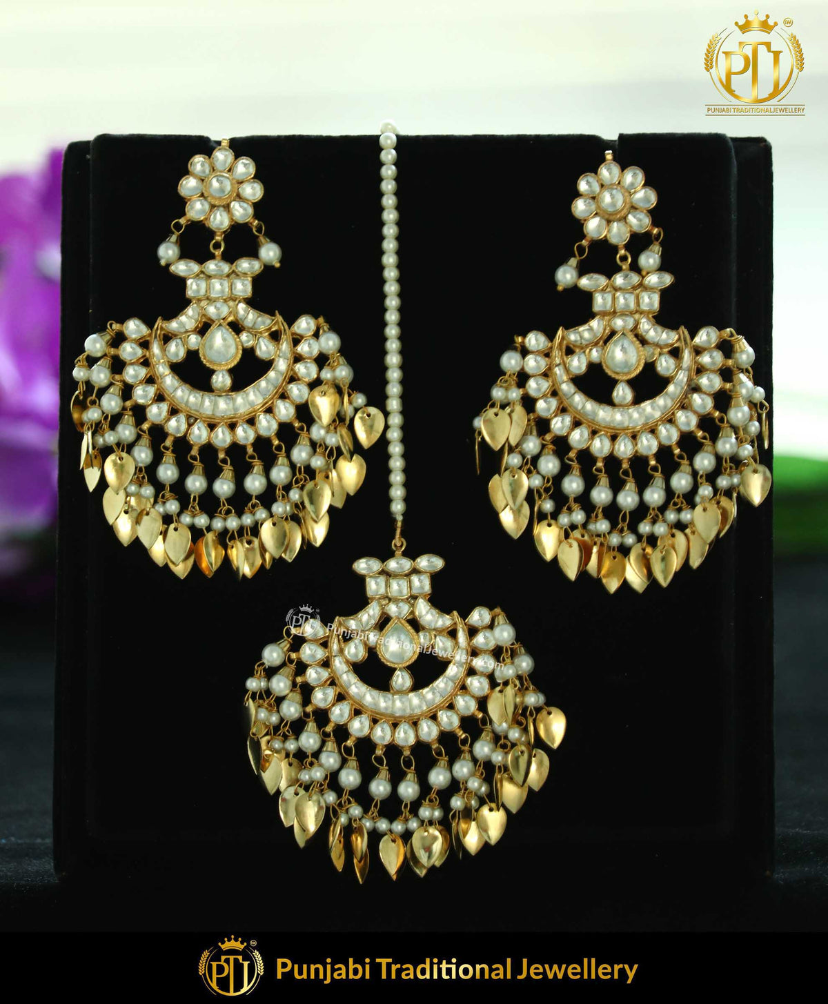 Gold Finished Pippal Patti Kundan Earrings & Tikka Set | Punjabi Traditional Jewellery Exclusive