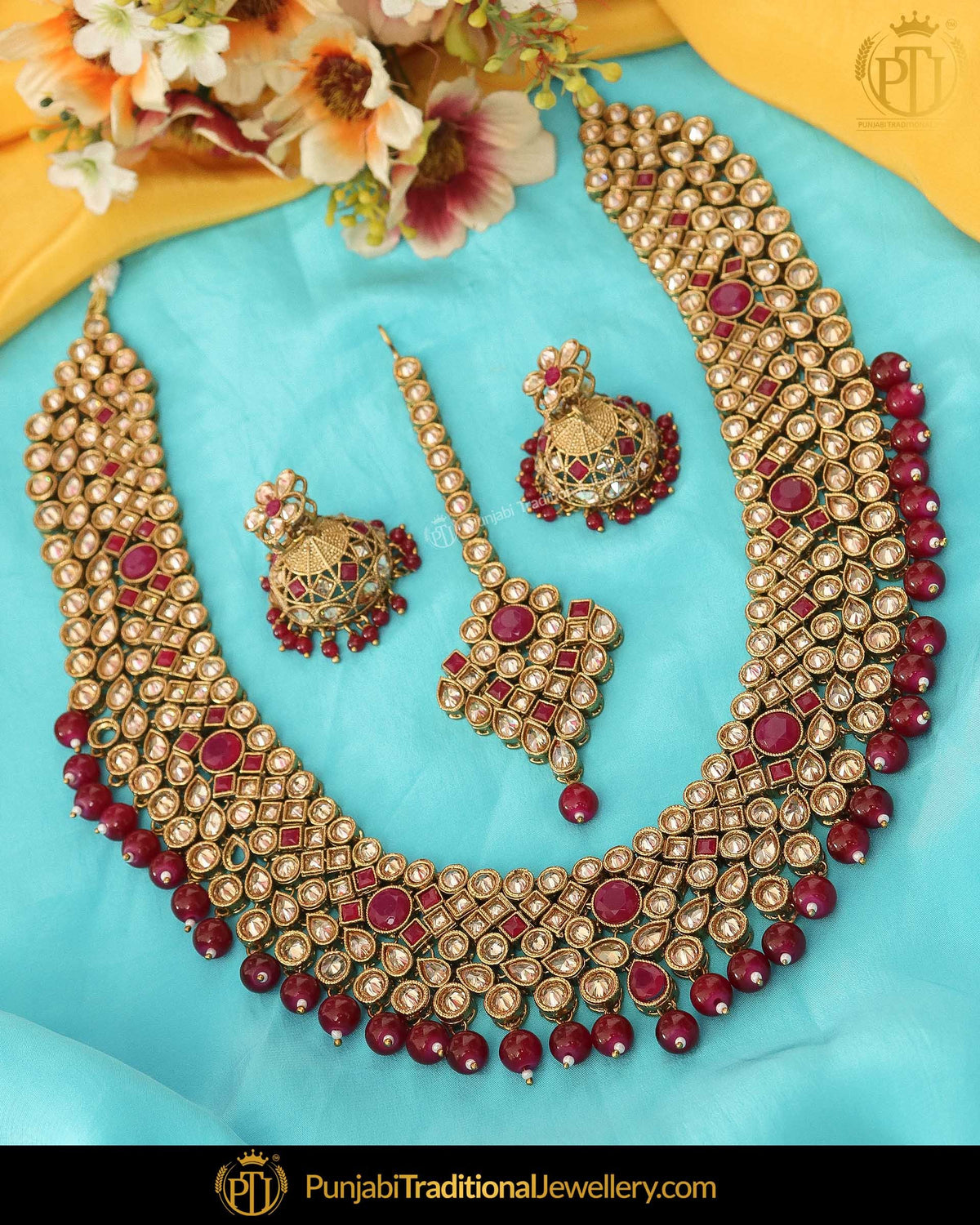 Gold Finished Rubby Chamapgne Stone Pearl Necklace Set | Punjabi Traditional Jewellery Exclusive
