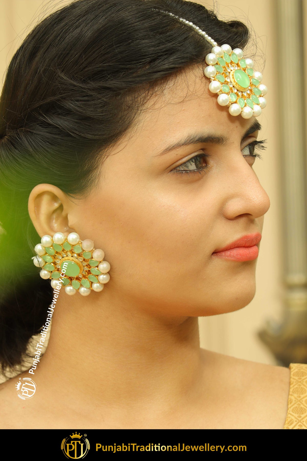Khatoon Gold Finished Pearl New Jade Stud Earring Tikka Set | Punjabi Traditional Jewellery Exclusive