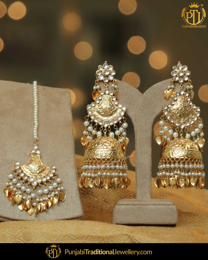 Gold Finished Pippal Patti Jhumki Pearl Kundan Patra Earrings & Tikka Set | Punjabi Traditional Jewellery Exclusive