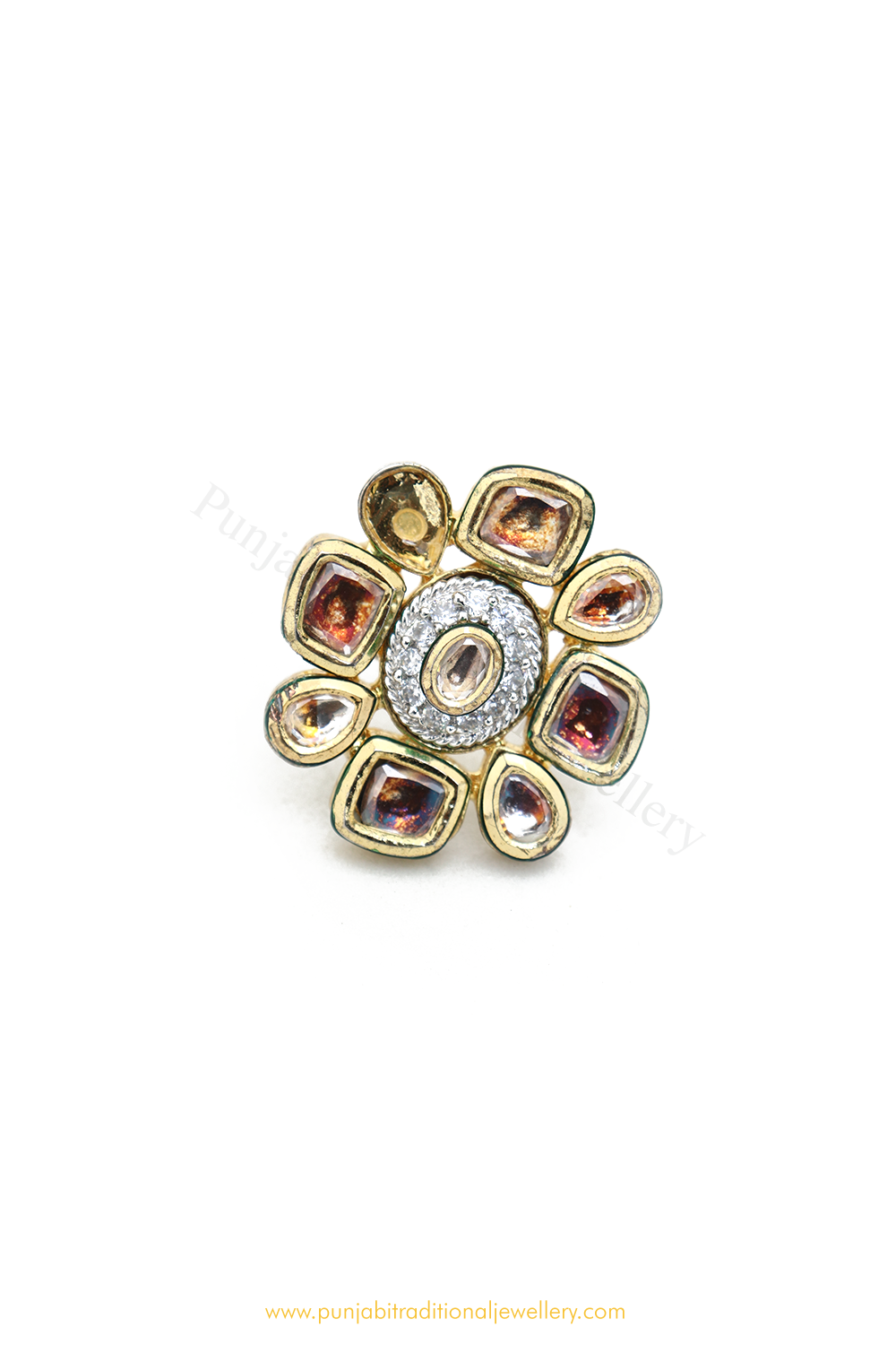 Gold Finished Navratan Kundan Ring By PTJ