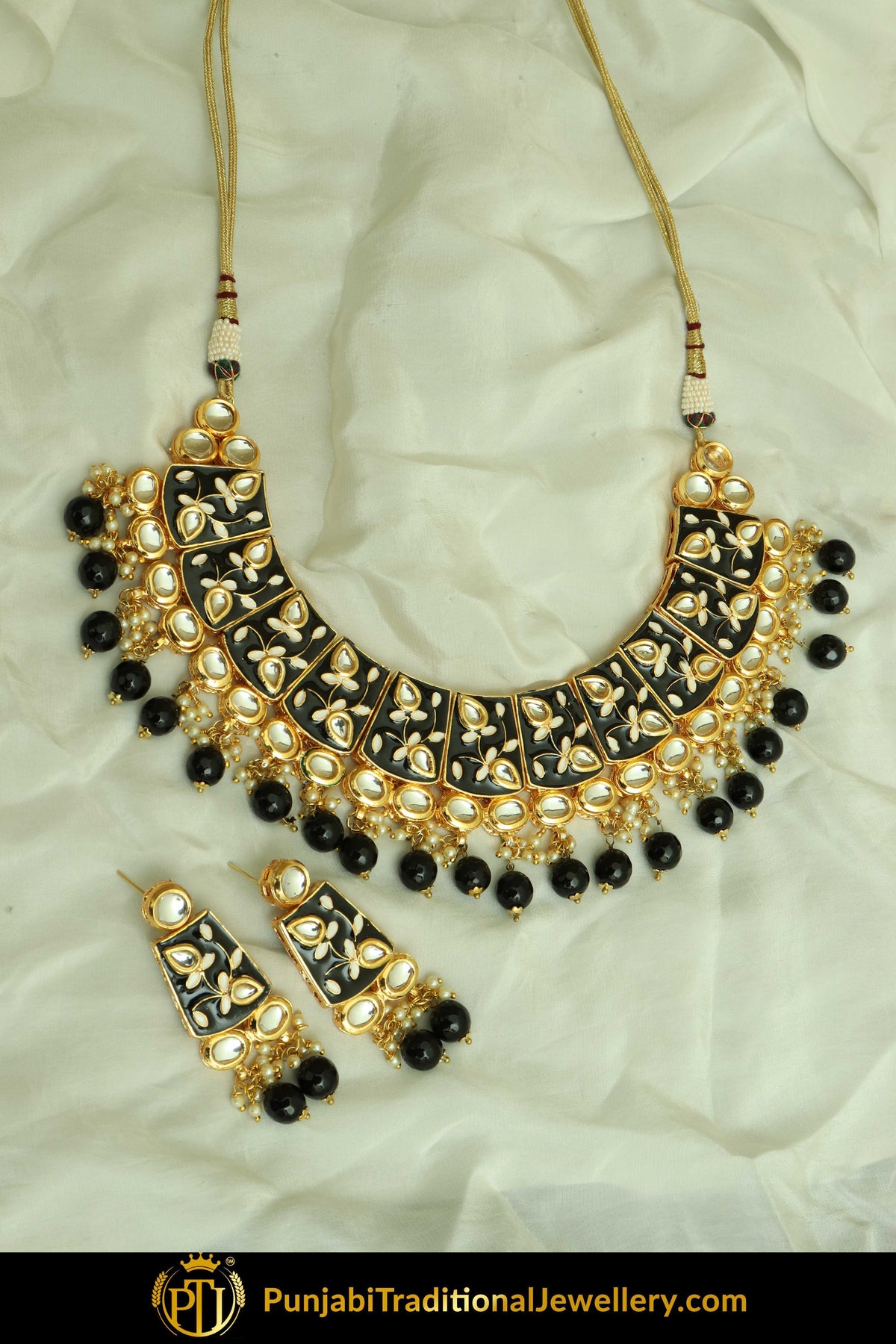 Jumaana Hand Painted Black Kundan Necklace Set & Earrings | Punjabi Traditional Jewellery Exclusive
