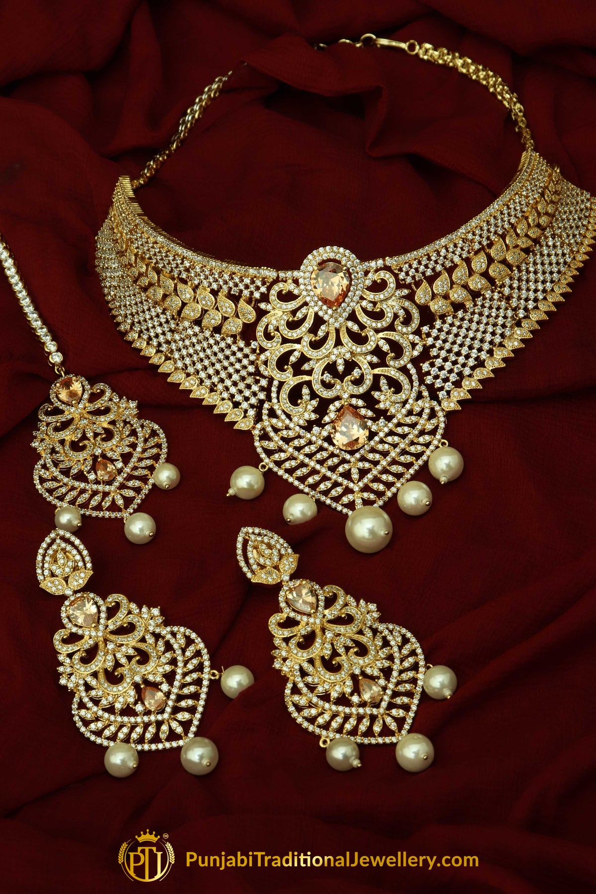 Gold Finished Pearl American diamond Choker Set, Tikka & Earrings | Punjabi Traditional Jewellery Exclusive