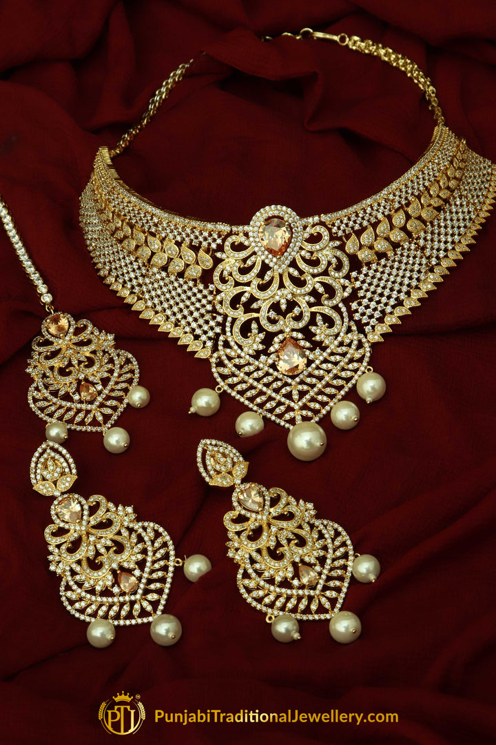 Gold Finished Pearl American diamond Choker Set, Tikka & Earrings | Punjabi Traditional Jewellery Exclusive