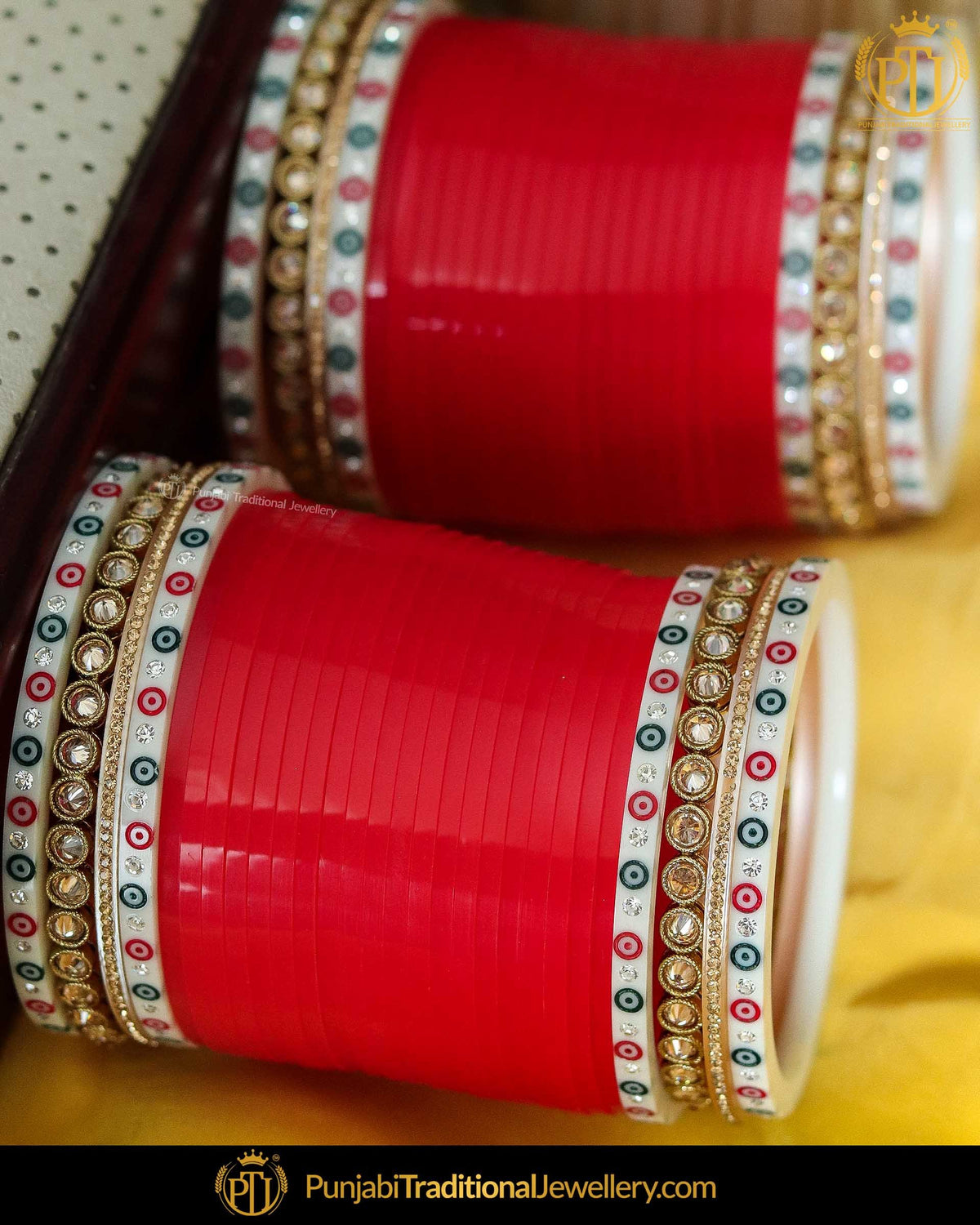 Dotted Red Champagne Stone Bridal Chura | Punjabi Traditional Jewellery Exclusive