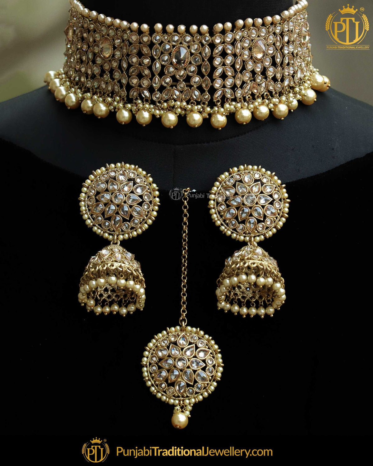 Antique Gold Finished Champagne Stone Choker Necklace Set | Punjabi Traditional Jewellery Exclusive