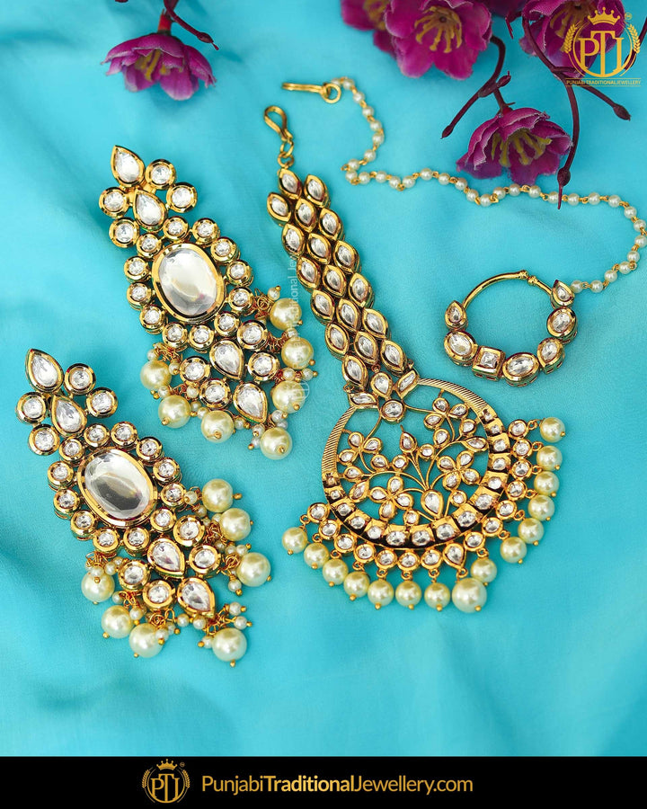 Gold Finished Kundan Pearl Earring Tikka Set With Nath | Punjabi Traditional Jewellery Exclusive