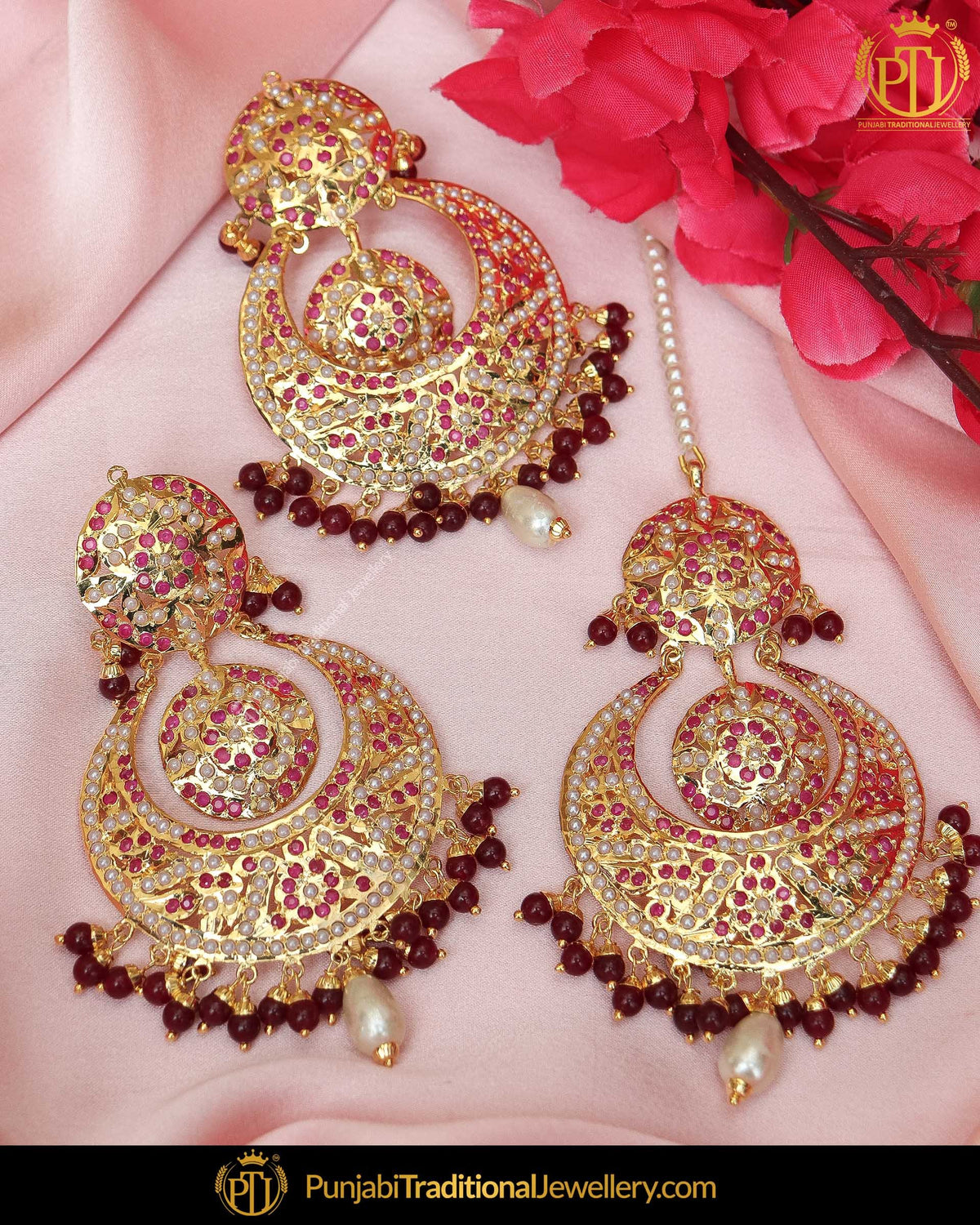 Gold Finished Red Jadau Pearl Earring Tikka Set  | Punjabi Traditional Jewellery Exclusive