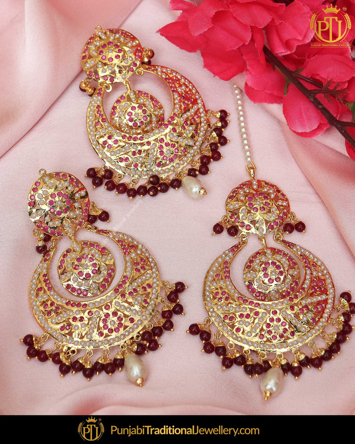 Gold Finished Red Jadau Pearl Earring Tikka Set  | Punjabi Traditional Jewellery Exclusive
