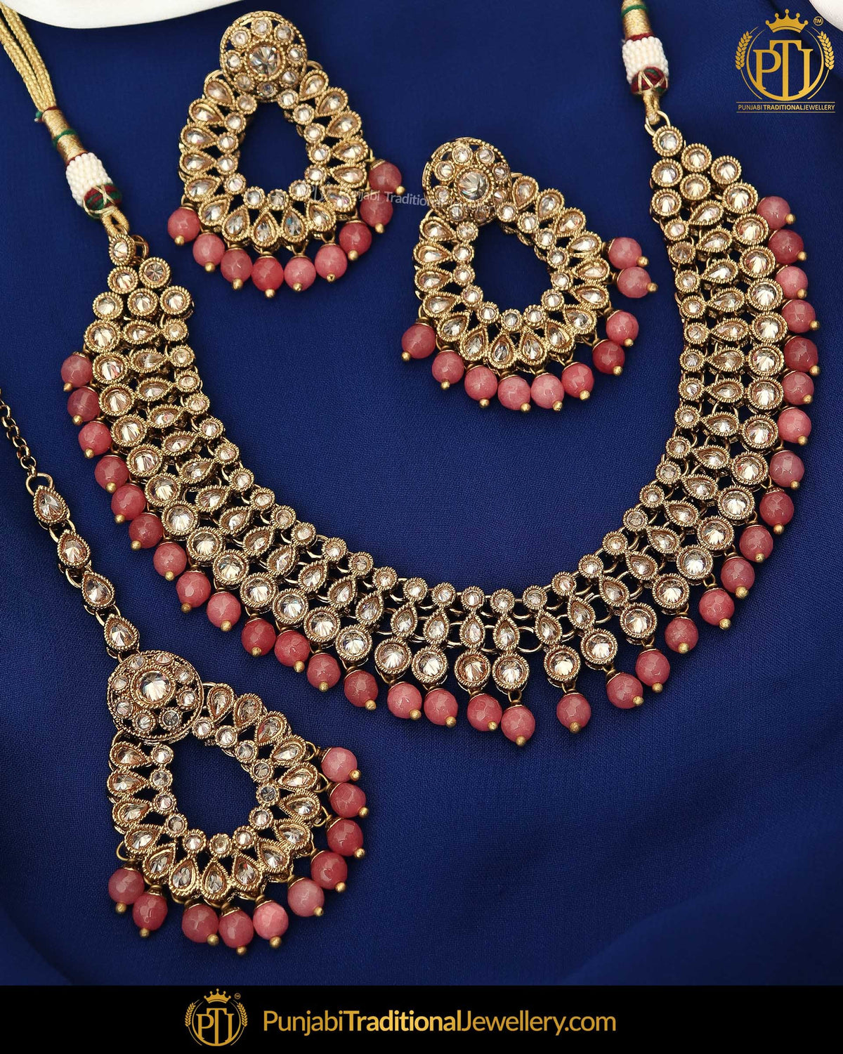 Gold Finished Champagne Stone Pink Pearl Necklace Set | Punjabi Traditional Jewellery Exclusive