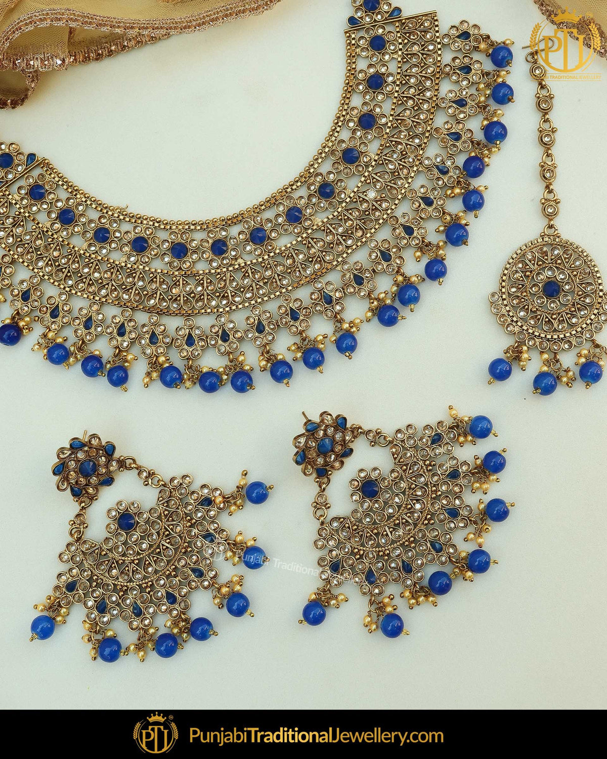 Gold Finished Blue Champange Stone Necklace Set | Punjabi Traditional Jewellery Exclusive