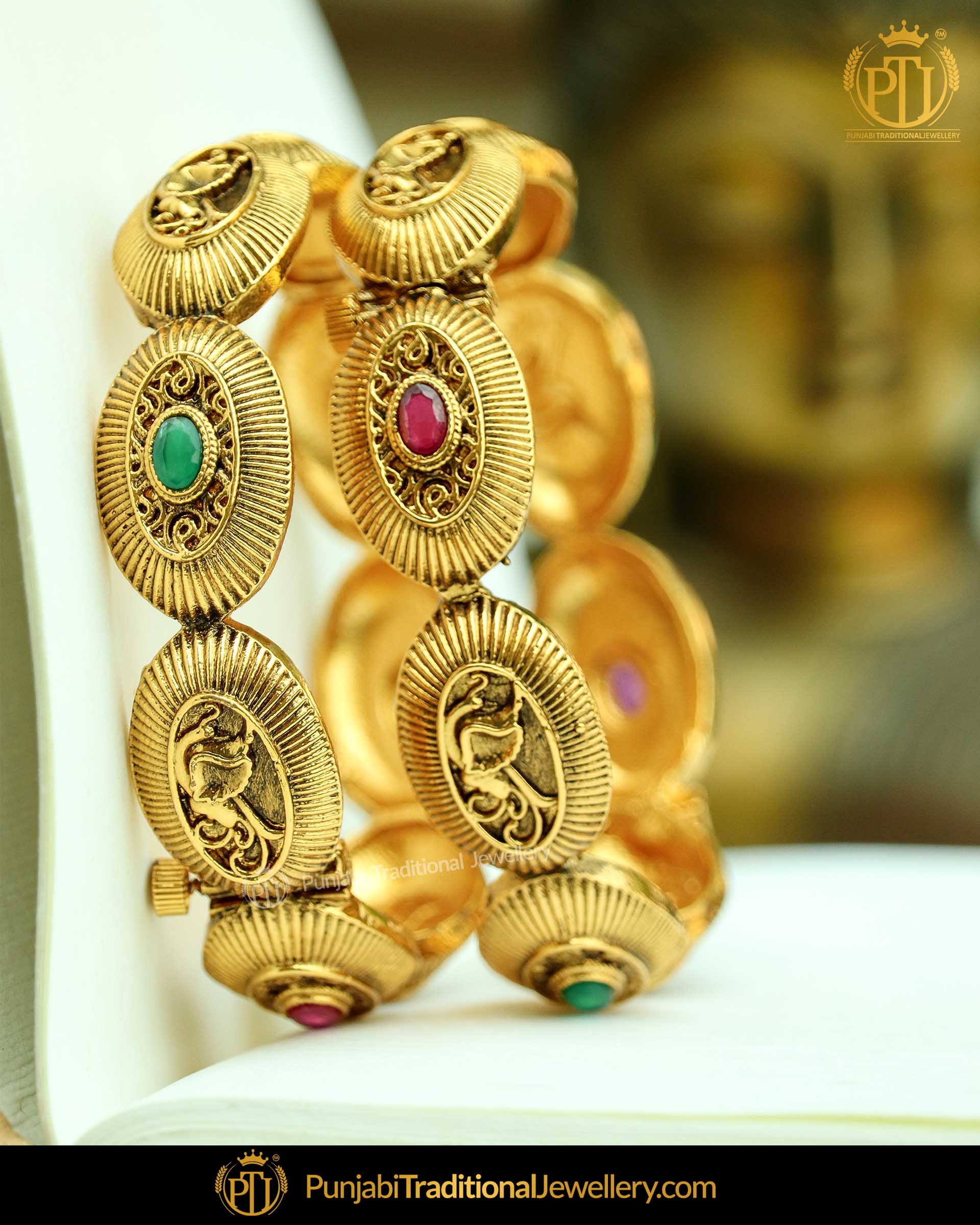 Antique Gold Plated Rubby Green Openable Bangles (Pair) | Punjabi Traditional Jewellery Exclusive