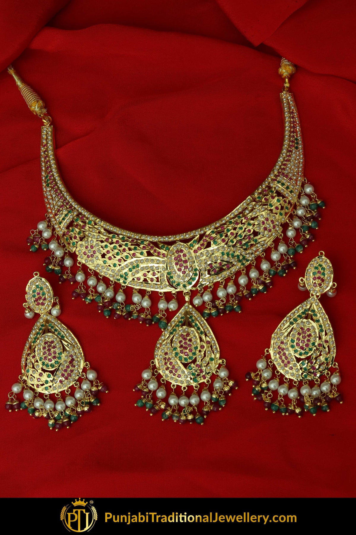 Jannah Gold Finished Emerald Rubby Jadau Necklace & Earrings | Punjabi Traditional Jewellery Exclusive