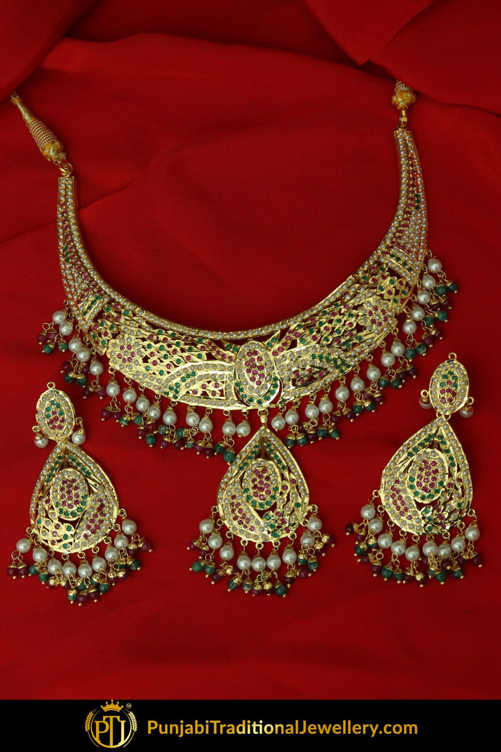 Jannah Gold Finished Emerald Rubby Jadau Necklace & Earrings | Punjabi Traditional Jewellery Exclusive