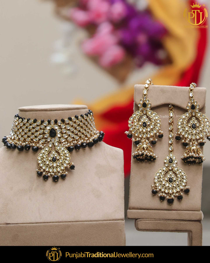 Gold Finished Kundan Blue Pearl Choker Necklace Set | Punjabi Traditional Jewellery Exclusive