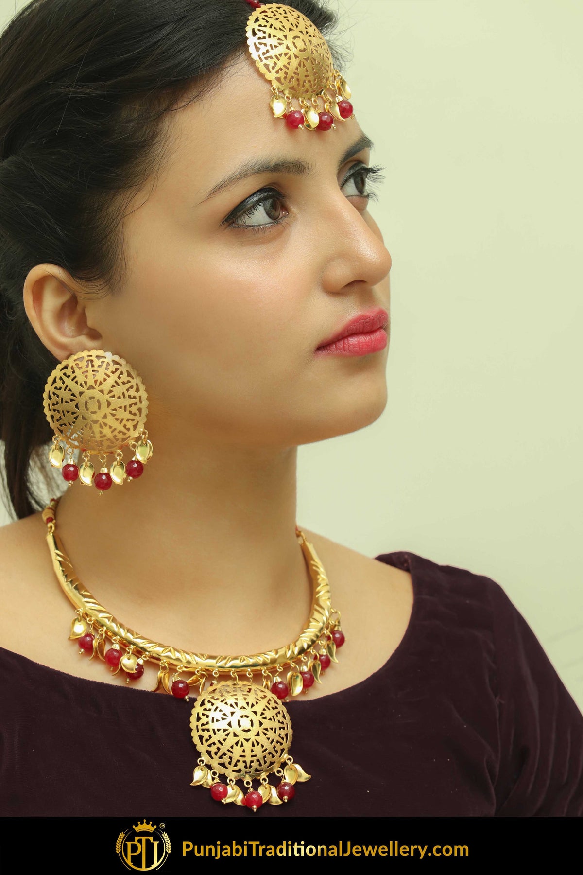 Hayam Gold Finished Rubby Pippal Patti Hasli Necklace, Tikka & Kundan Earrings | Punjabi Traditional Jewellery Exclusive