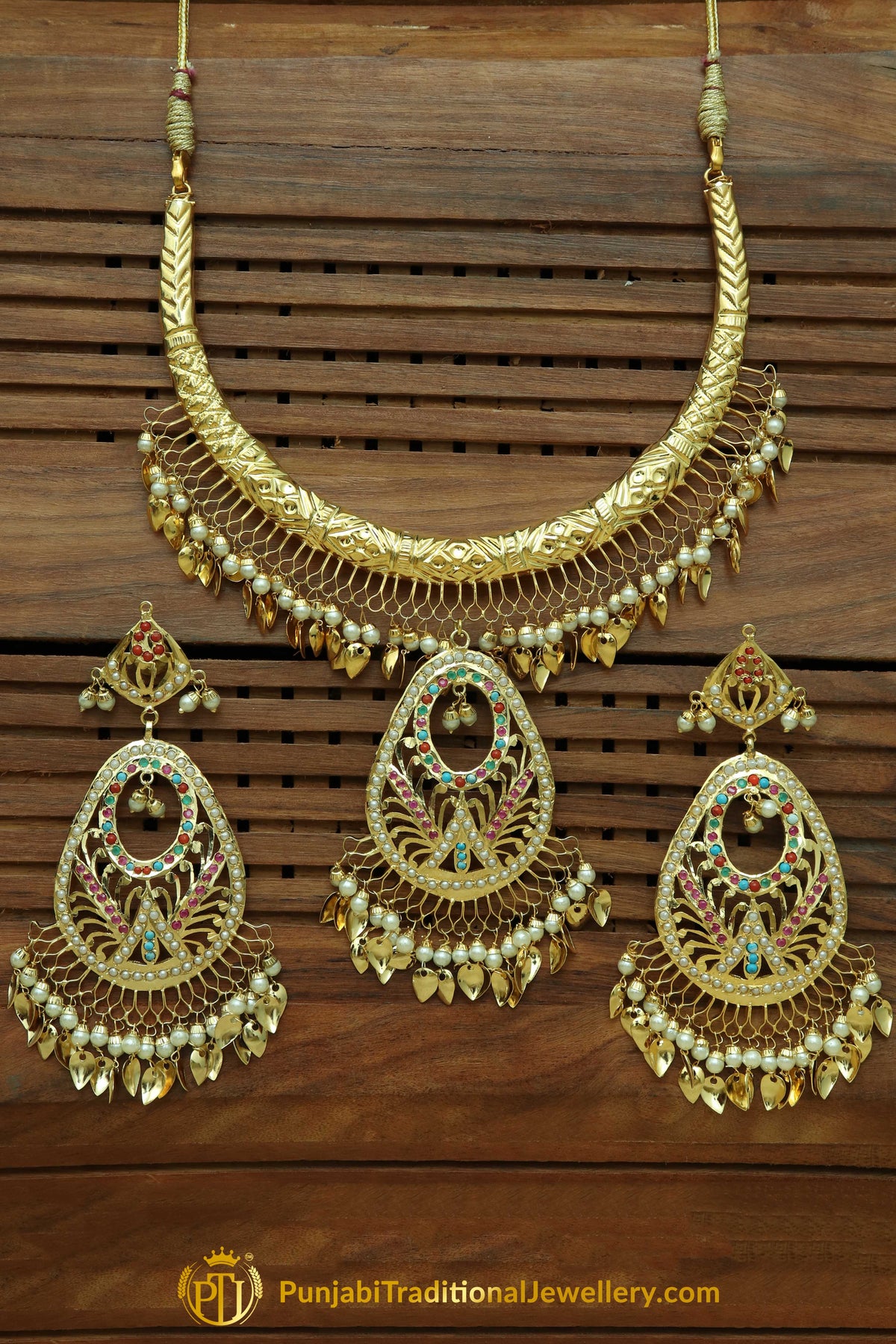 Hayat Navratan Pippal Patti Hasli Necklace & Earrings | Punjabi Traditional Jewellery Exclusive