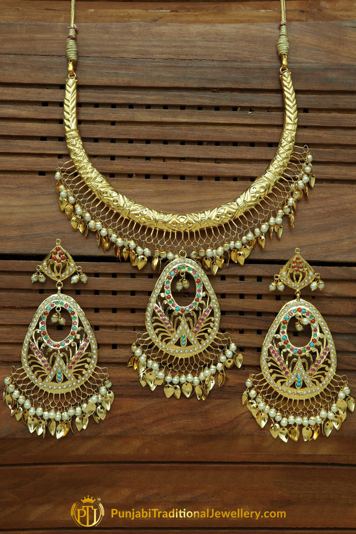 Hayat Navratan Pippal Patti Hasli Necklace & Earrings | Punjabi Traditional Jewellery Exclusive